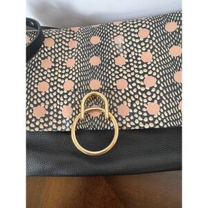 Black Leather Foldover Crossbody Handbag Pattern Flap Gold Ring Hardware